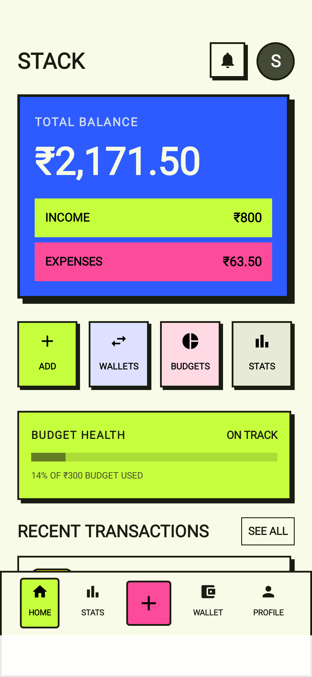 Stack home dashboard showing wallet balance and recent spending