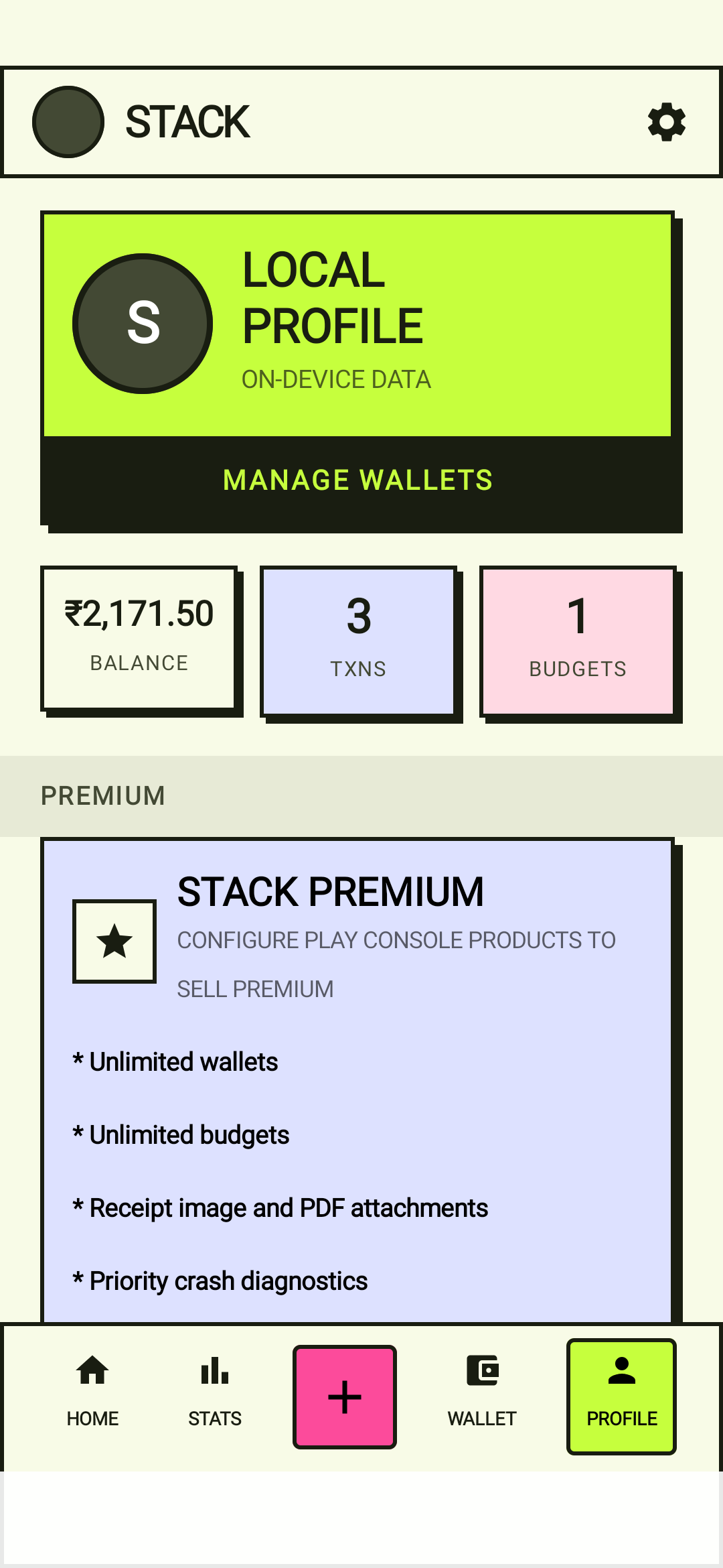 Profile and settings screen